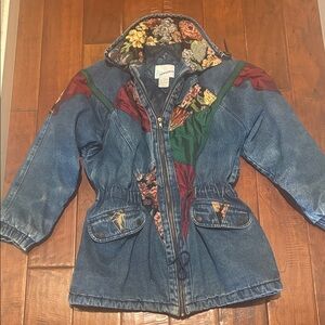 Denim Parka Jacket with Floral Trim - Blue/Green/Maroon